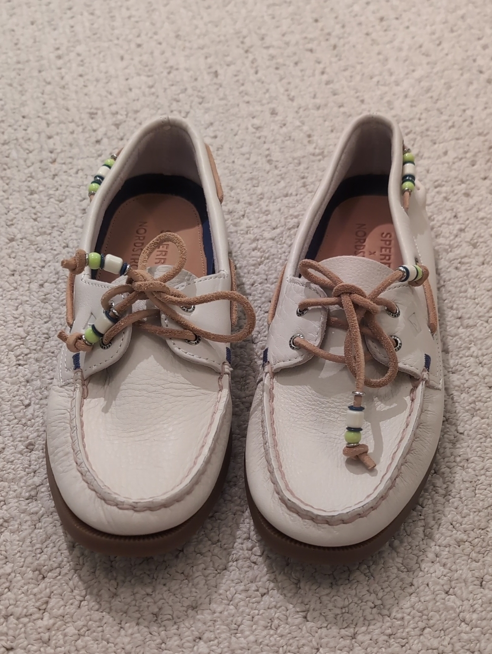Sperry White Leather Boat Shoes with Tan Laces and Green Accent Beads